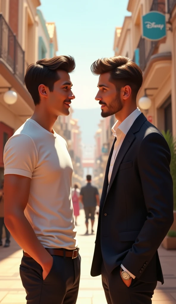 A  guy with white t-shirt talking to a handsome guy with black suit at a shopping mall, pixar disney style, cinematic, masterpiece, high-aesthetic , portrait