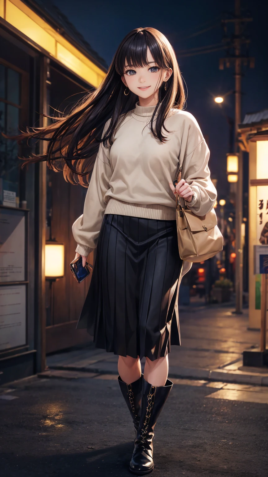 A beautiful woman standing by the lake、Japanese、Age 25、Model body type、Small face、Small breasts、Wearing a sweater、Wearing a skirt、Wearing boots、Hands behind back、(((The whole body can be seen from the front)))、Anatomically correct body、, light brown hair, crossed bangs, asymmetrical bangs, floating hair, straight hair, expressive hair, shiny hair, long hair, symbol-shaped pupils, earrings, parted lips, seductive smile, Surrealism, Expressionism, cinematic lighting, tachi-e, Nikon, UHD, masterpiece, super detail, best quality, highres