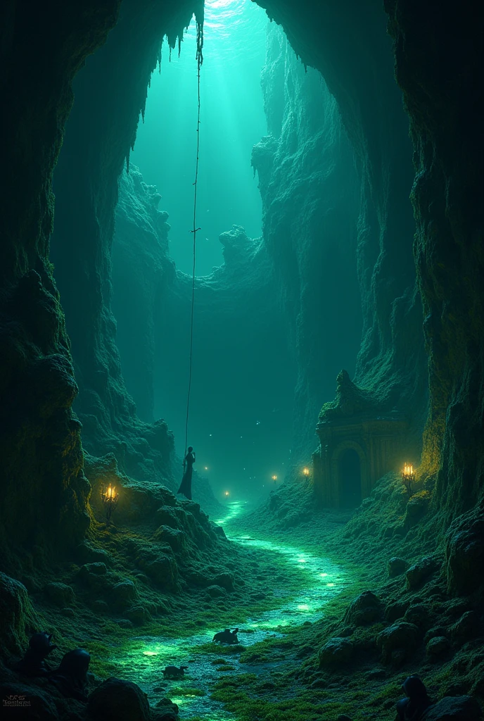 deep dark grotto with glowing moss under the ocean and sunken ruins