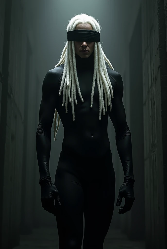 Black gojo with white dreads and a black blindfold with a black jumpsuit