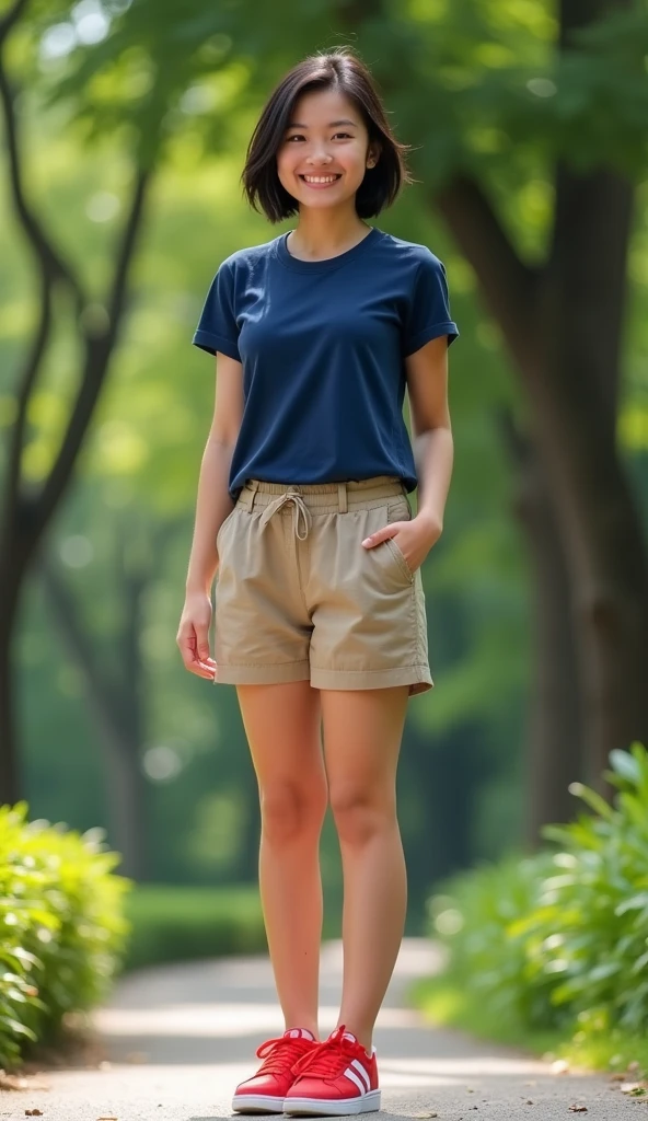 Full-body photo of a young woman with very short, dark hair. She is wearing a navy blue T-shirt, khaki shorts, and red sneakers. She is standing in a park. She is smiling.