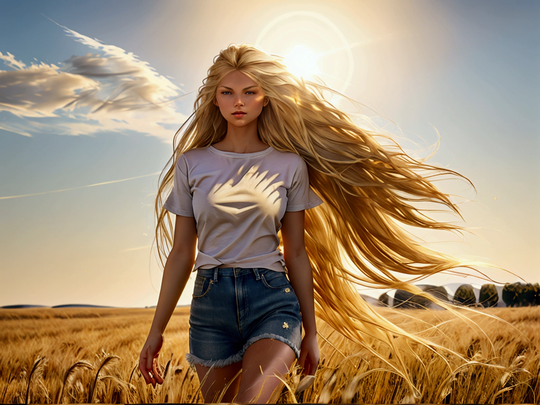 A natural blonde girl is walking in a vast wheat field she is white skinny and is wearing a loose black t-shirt that goes down to her thighs, her long, extremely long, blonde hair flies in the wind, stretched back, her blue eyes stand out, the sunshine illuminates your ((golden looking hair)) glimmering, the blue sky and the vast endless wheat field in the background, a realistic detailed photo style image with good lighting depth HDR effect.