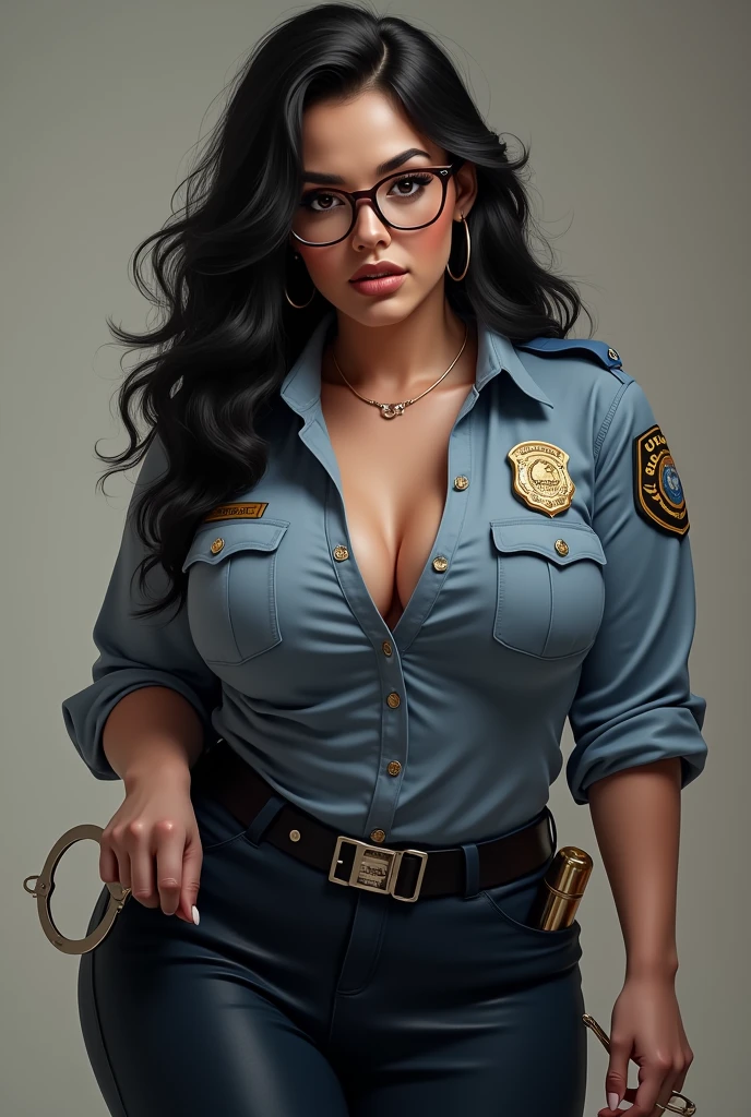 Drawing of a fat sensual woman with a round face and black hair dressed as a police officer and handcuffs on her hand
