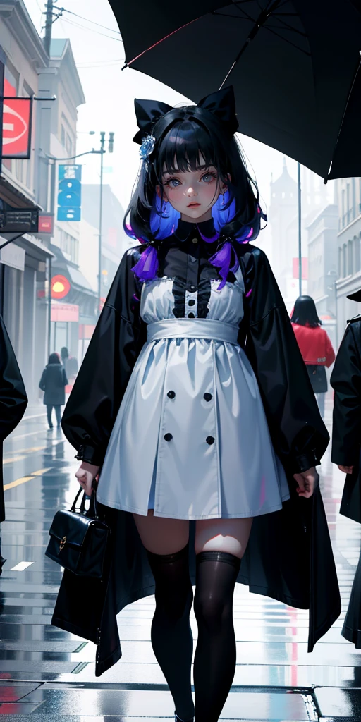 uhd, textured skin, good quality, High details, ​masterpiece, best quality, (Amazingly absurd:1.2), (​masterpiece:1.2), fluffy, 1 Vampire Girl, cute dress, looking sad, glowing eyes, shining hair , Whole body love, black long hair, hair bow, white kneesocks full body, Kawaiitech, soft colours, Kawaii, Beautiful colors, walking in the streets, heavy rain, Wet,