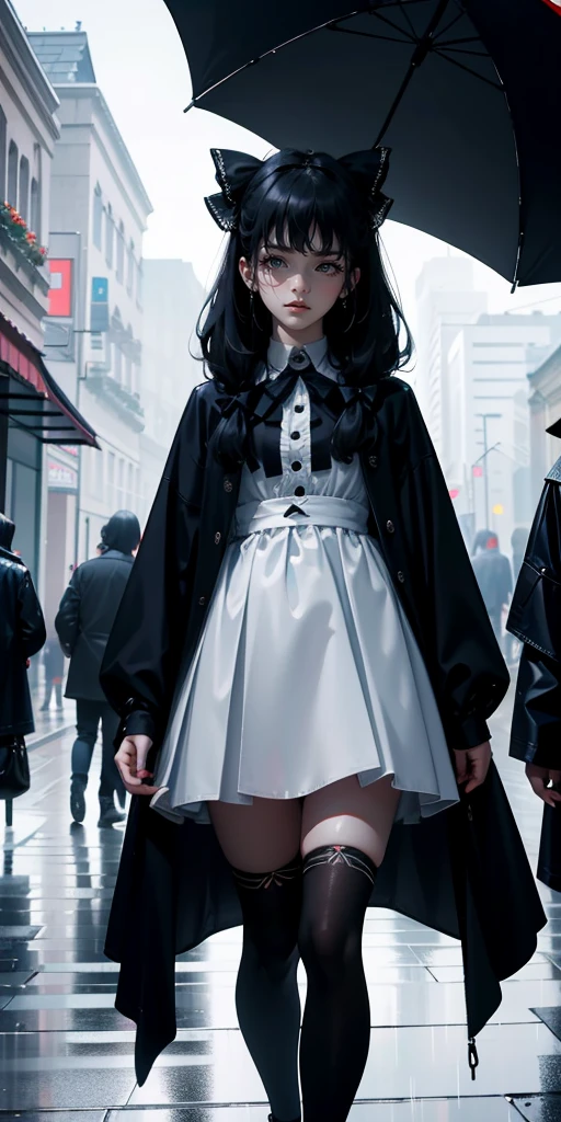 uhd, textured skin, good quality, High details, ​masterpiece, best quality, (Amazingly absurd:1.2), (​masterpiece:1.2), fluffy, 1 Vampire Girl, cute dress, looking sad, glowing eyes, shining hair , Whole body love, black long hair, hair bow, white kneesocks full body, Kawaiitech, soft colours, Kawaii, Beautiful colors, walking in the streets, heavy rain, Wet,