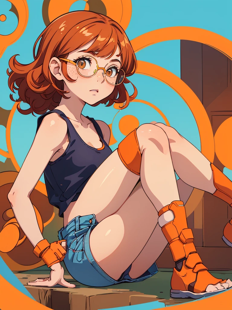 (masterpiece), (best quality), ((one girl)), ((alone)),copper red hair,(brown eyes),short hair, (curly hair),((side parted hair bangs)),anime style, freckles, (small breasts), (petite figure), (blue tank top),((orange knee pads)),legs, (desert background)), ((yellow circle glasses))