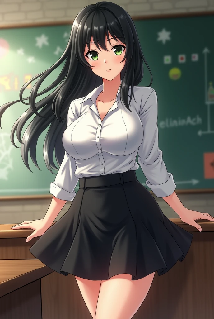 this is a anime erotic illustration picture of a naked woman sitting on a desk, 1girl, breasts, solo, nipples, pantyhose, classroom, desk, black hair, long hair, sitting, panties, green jacket, school desk, underwear, open clothes, looking at viewer, smile, jacket, large breasts, open jacket, indoors, panties under pantyhose, black panties, on desk, collarbone, off shoulder, red eyes, long sleeves, thighband pantyhose, sitting on desk, closed mouth, black pantyhose,shiny skin,photorealistic, mayumi saegusa, black hair, long hair, wavy hair, ribbon, red eyes, medium breast, , dress, white dress, collared dress, pencil dress, light green jacket, cropped jacket, open jacket, long sleeves, brazer, necktie, black necktie, armpits, spread legs, arm behind head, pussy, spread pussy