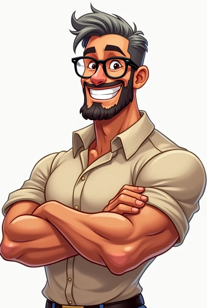 A cartoon drawing of a handsome muscular man with glasses and beard looking very cartoonish happy and with his arms crossed wearing a shirt and a bit of grey hair