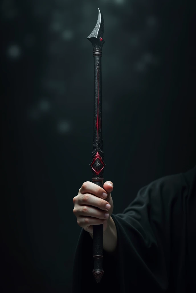 A magic wand, black, with red details, slightly rounded tip, and wooden handle
