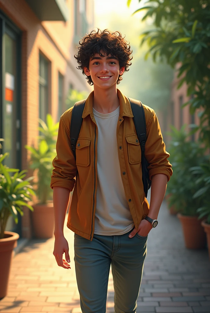 A lively and sociable young man in his late teens with dark brown curly hair, he wears trendy casual clothes and has a playful expression on his face as he stands in the hallway of a university dormitory. The bright lights and greenery of the hallway contrast his usual cheerful demeanor