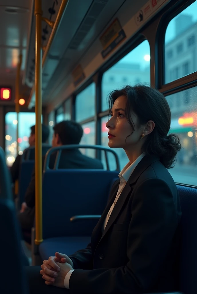 makes a woman sitting on the bus looking out the window after a tiring day at work having some sad memories