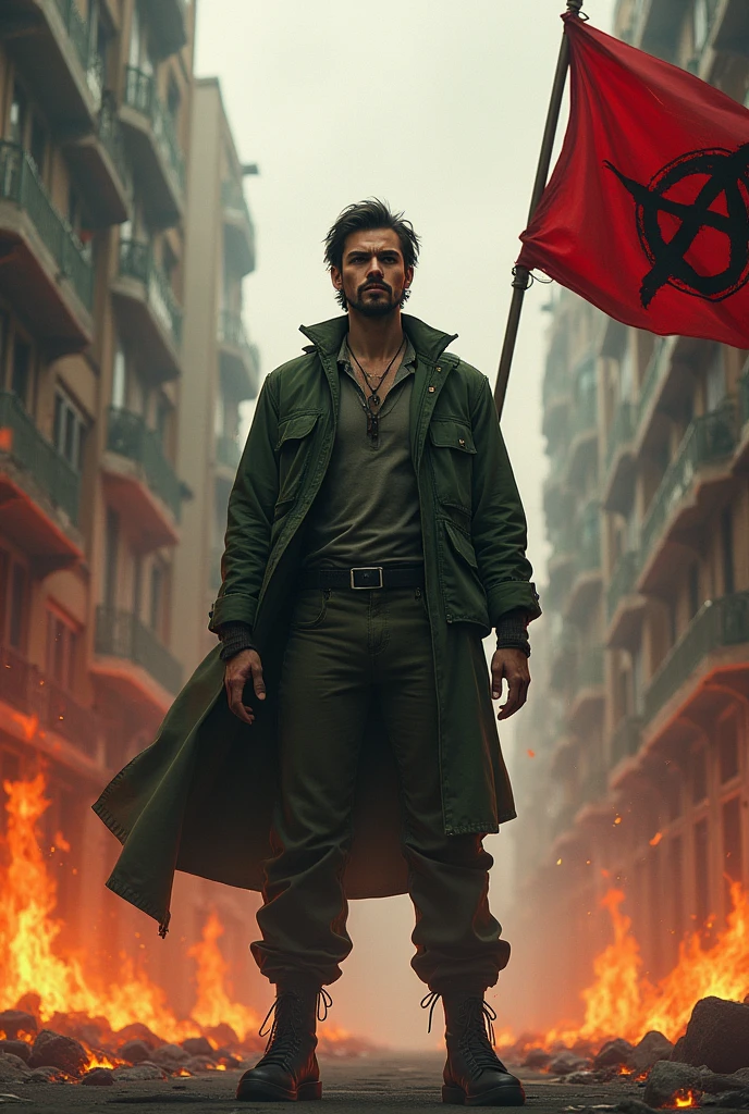 Image of a person, male, rebel, contestant, anarchist and anti-system with his shirt closed, long pants, green jacket . In the background a street on fire. With an anarchist flag without weapons