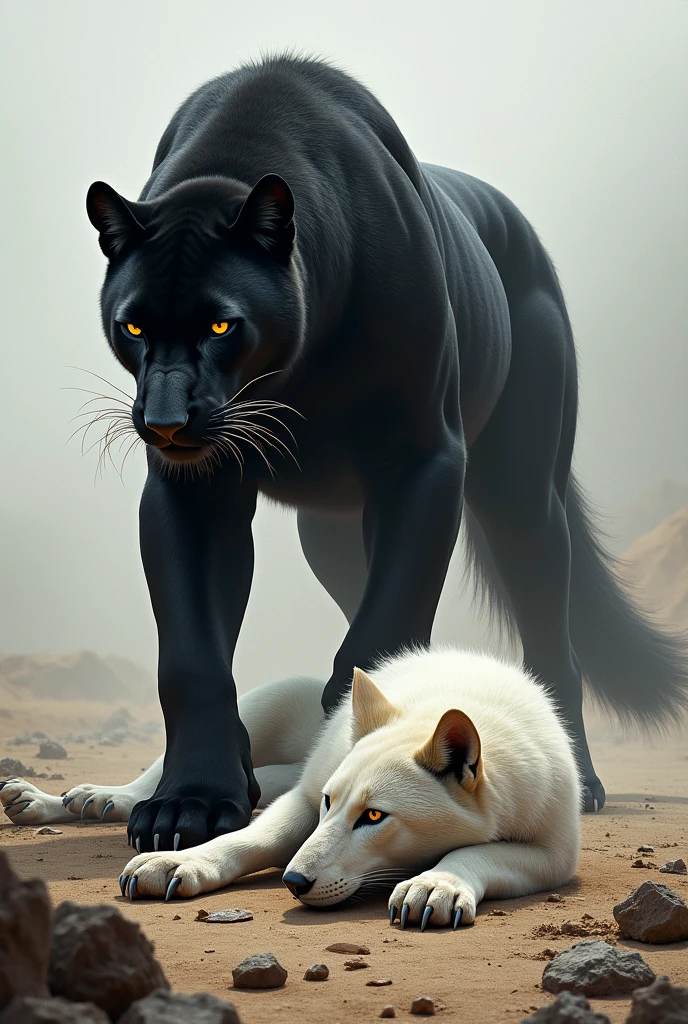 Black panther standing on a dead white wolf 🐺