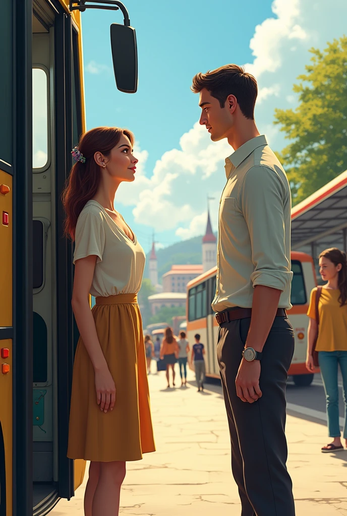Generate an image of a woman who is not thin, in blouse and skirt, waiting for a tall, thin man, light outfits, get off the bus at the bus station. The man is at the bus door. They are happy to meet each other again.