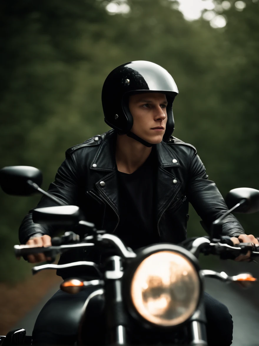 Tom Holland dressed as a bad boy riding a motorcycle