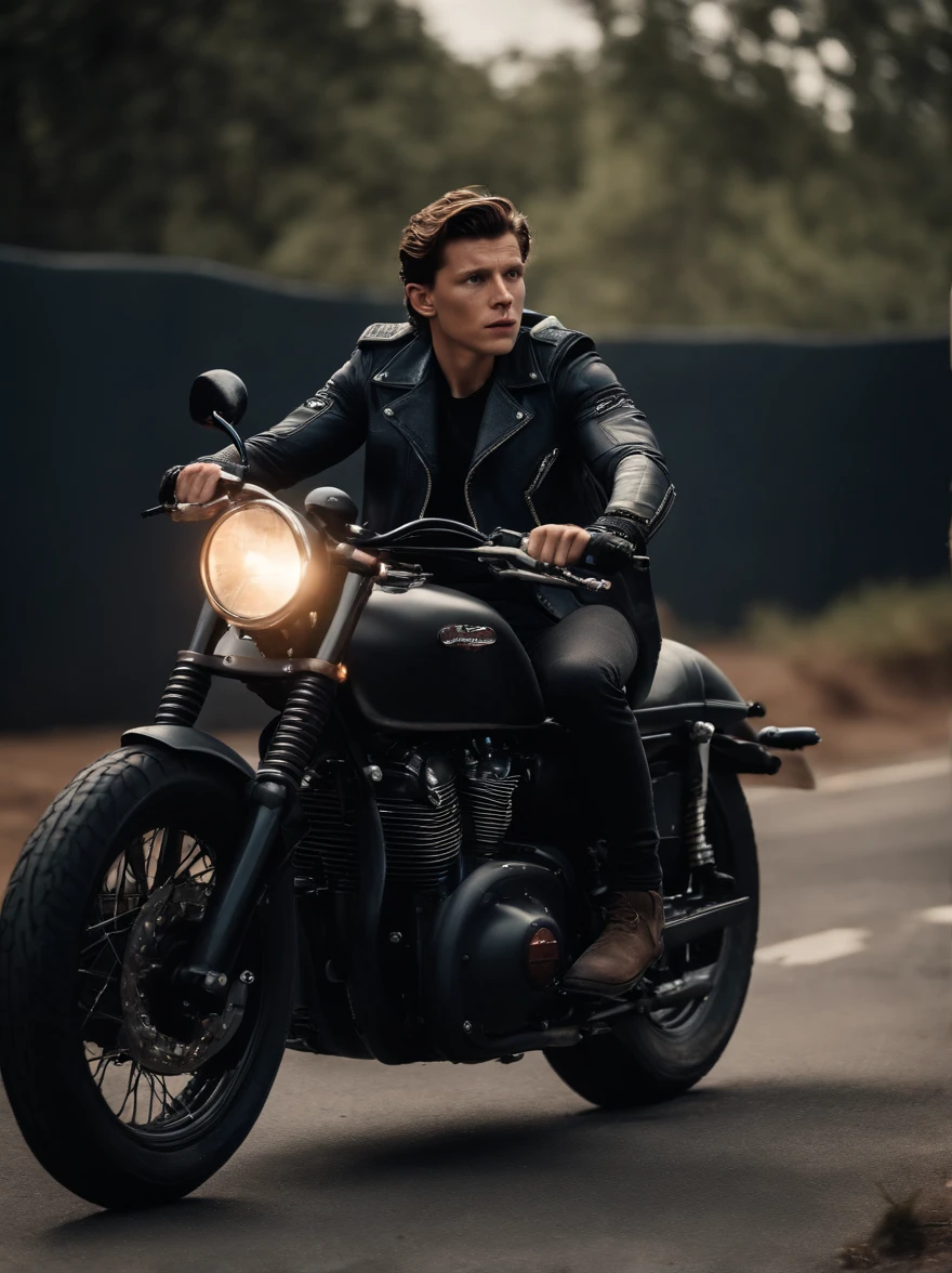 Tom Holland dressed as a bad boy riding a motorcycle