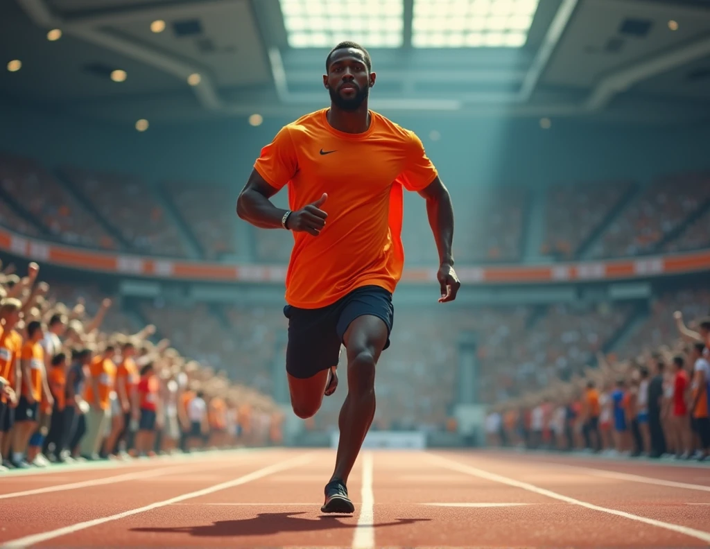 produce a 1080 x 1080 image with a black man running in an orange shirt on a running track in a gymnasium full of people in the background