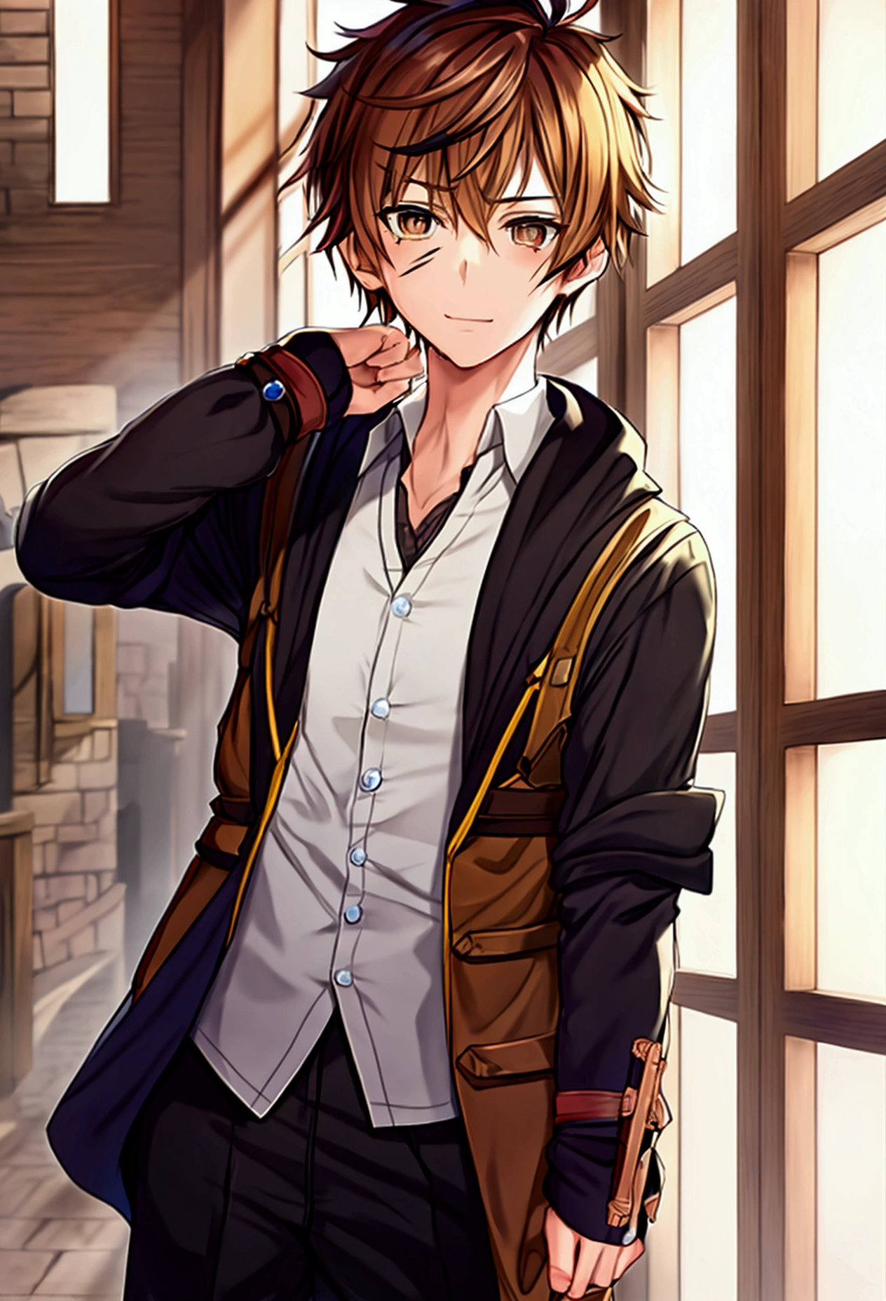 anime boy, brown hair, hazel eyes, attractive physical features, and small scars on his face. With hair like Newt Scamander