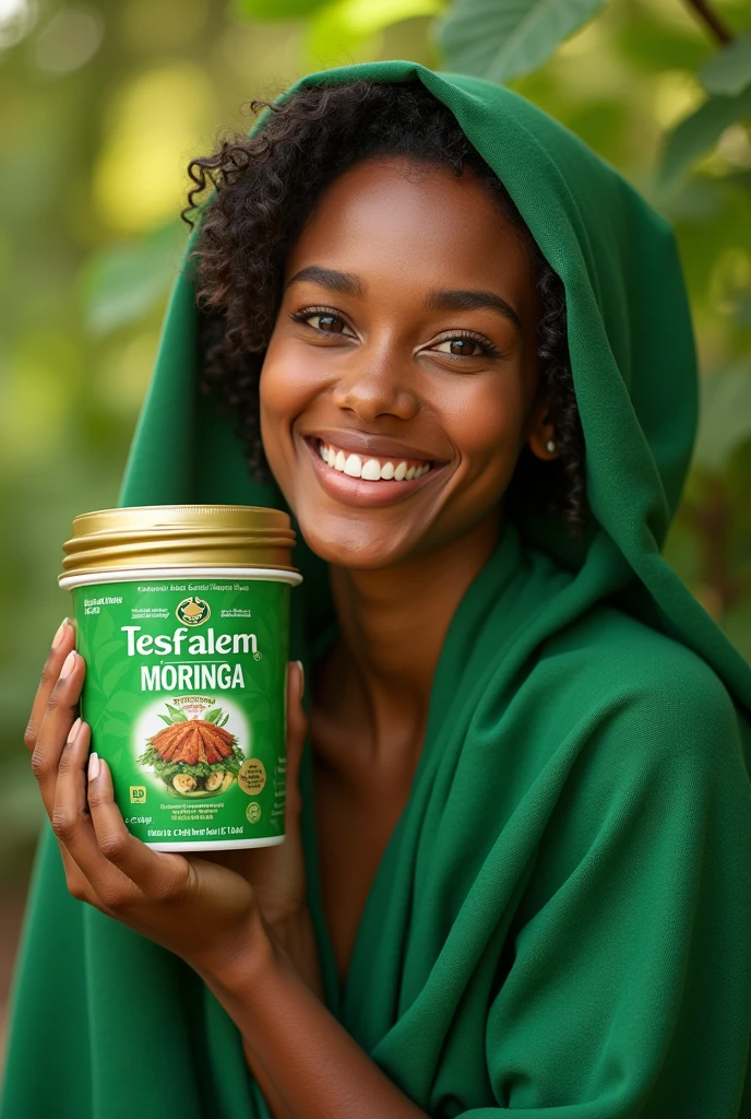 Beautiful woman advertising Tesfalem moringa wearing green cloth she is happier  tesfalem moringa brand