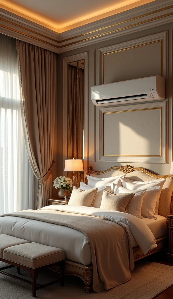 An air conditioner on top of your luxurious ambience bedroom's bed, its hot outside