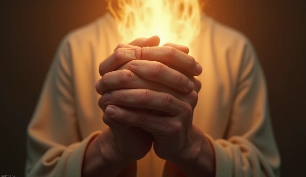 Ultra realistic image of hands clasped in prayer, with a soft light shining from behind, symbolizing the connection with the divine, convey depth