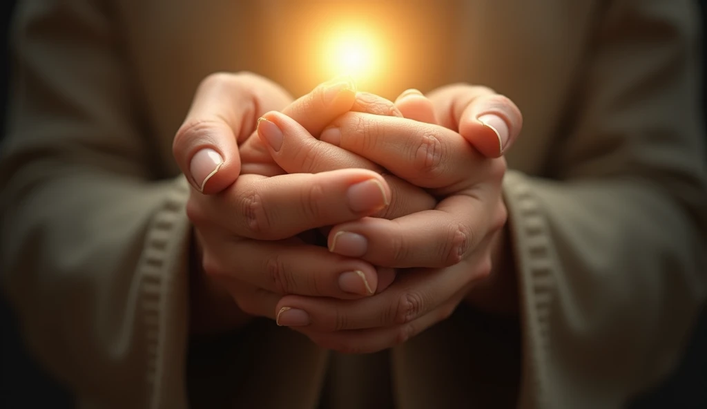 Ultra realistic image of hands clasped in prayer, with a soft light shining from behind, symbolizing the connection with the divine, convey depth