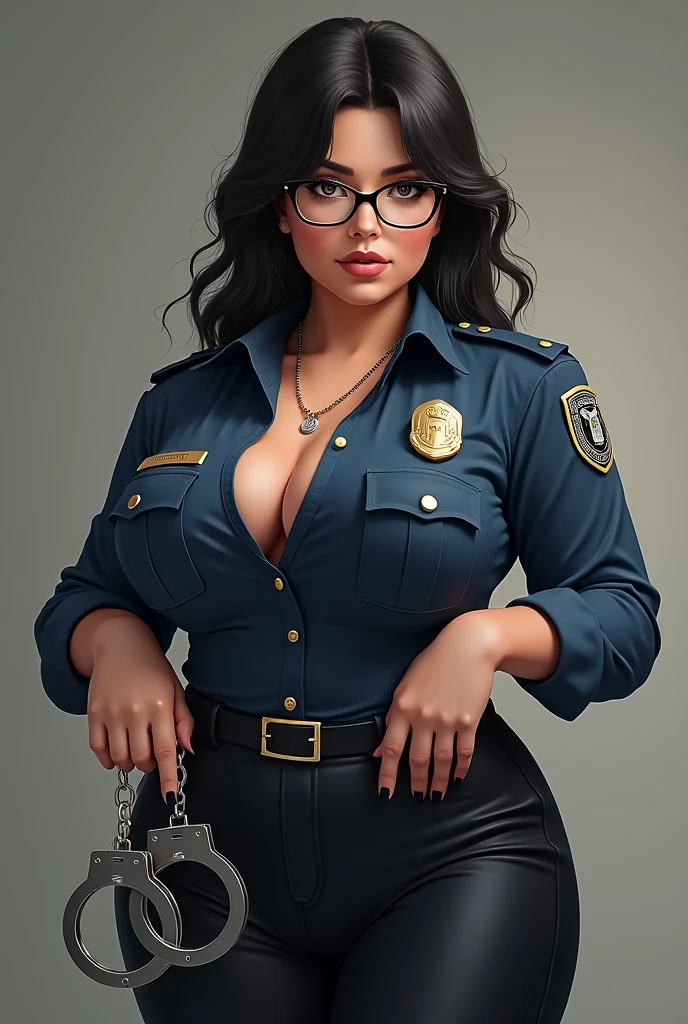 Drawing Fat sensual woman with glasses Round face Black hair dressed as a police officer and handcuffs on her hand