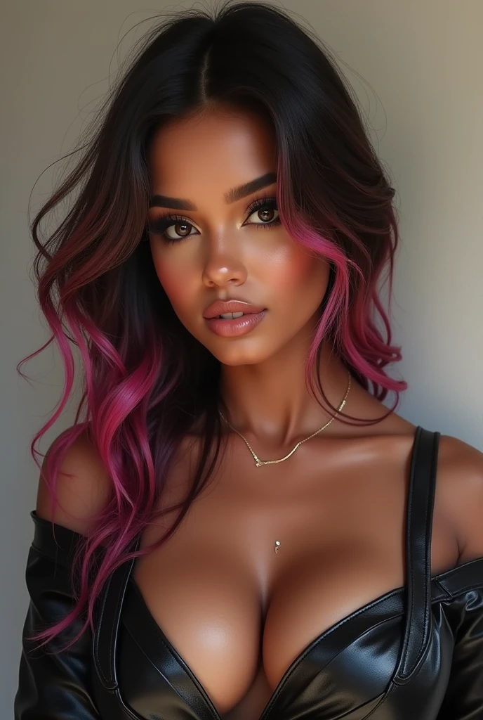 "A 2 woman with a striking appearance, a mix of Latina and other ethnic backgrounds, featuring a light skin tone. She has a curvy and attractive figure, exuding confidence. Her facial features are soft yet defined, with expressive eyes and full lips. Her hair is dark, possibly brown or black, with pink streaks, and styled elegantly to complement her overall look. She has a light skin tone. She is dressed in a modern, fashionable outfit that enhances her figure. The image should be hyper-realistic, with detailed textures in her skin, hair, and clothing, and a background that subtly emphasizes her presence without distracting from her beauty."