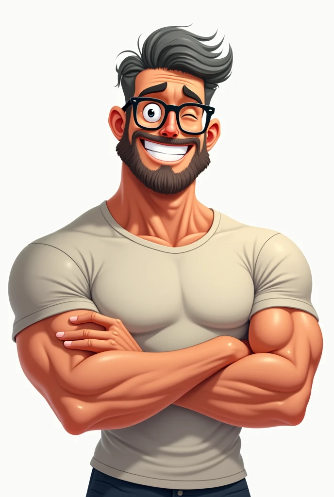 A cartoon drawing of a handsome muscular man with glasses and a beard, very cartoonishly happy and with his arms crossed, wearing a shirt and a little more gray hair.