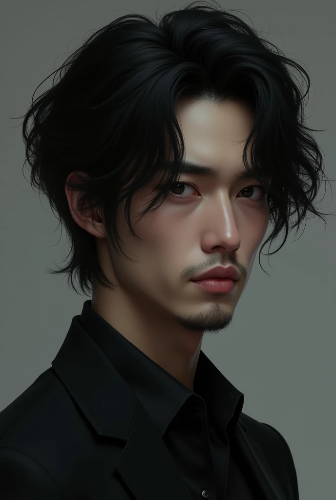 man with semi-long black hair, delgado, black eyes