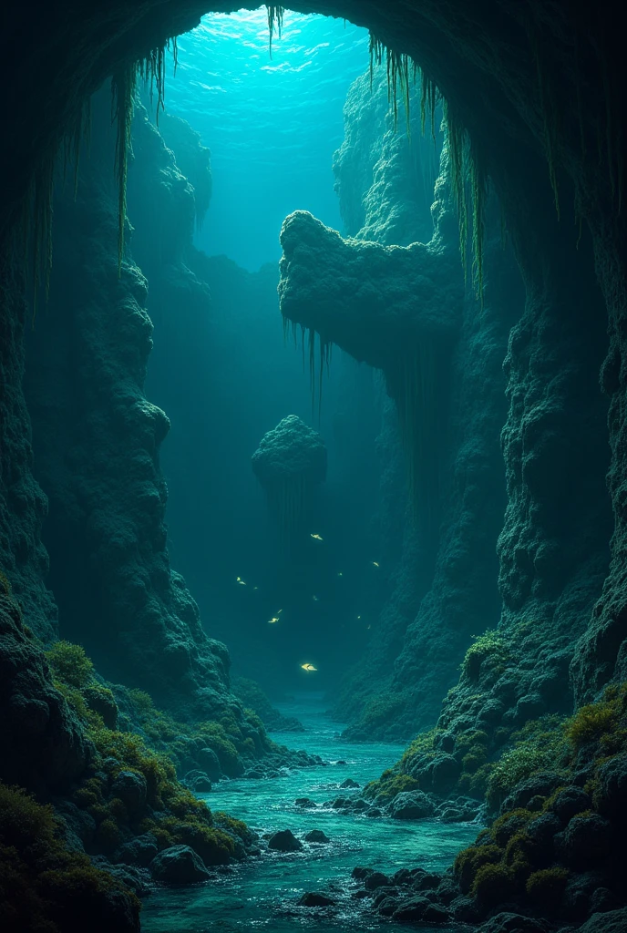 deep dark grotto with glowing moss under the ocean and sunken ruins, eery lights
