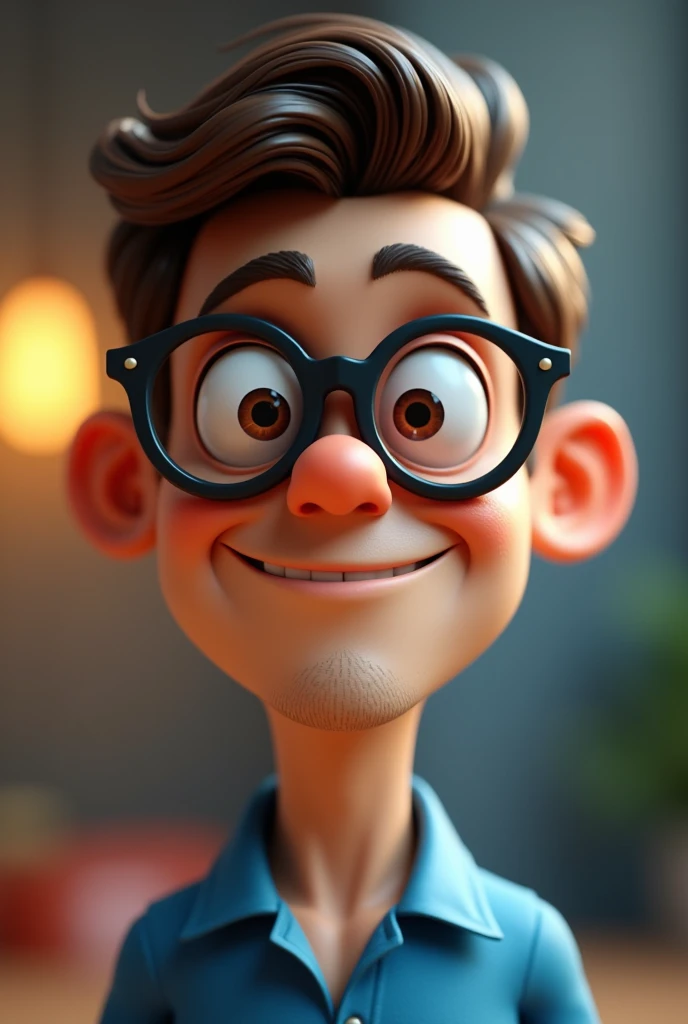 Cartoon character of a man in black glasses and blue shirt, animation character, stylized character, animation style rendering, 3d stylized, Arnold Maya rendering, Stylized 3D rendering, toon render screenshot, 3d character, 3d character, Stylized 3D rendering, 3D character rendering, cartoon character, Personagem de close up, character posing,  (Pixar-style) (master part:1.2) (bokeh) (best qualityer) (skin detailed) (detailed texture) (8k) (Argilla) (cinematic lighting) (sharp focus