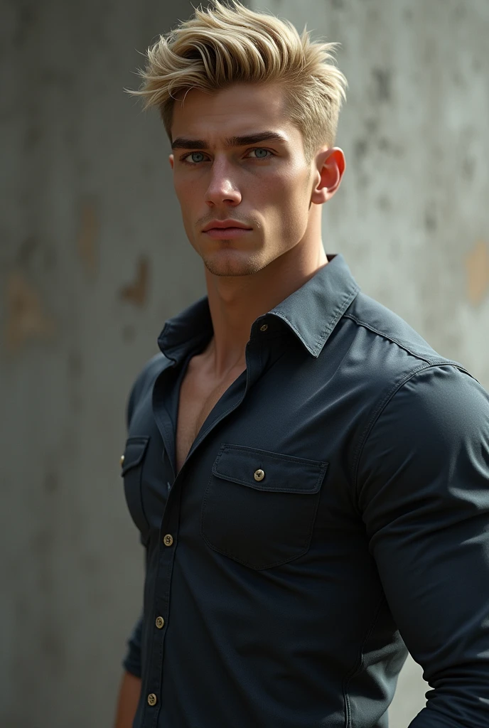 Create a young man with pale skin, serious with a very marked jaw and pronounced cheekbones. His body is athletic and he has a broad back as well as his shoulders.. Her hair is blonde and her eyes are blue. He has a long-sleeved shirt