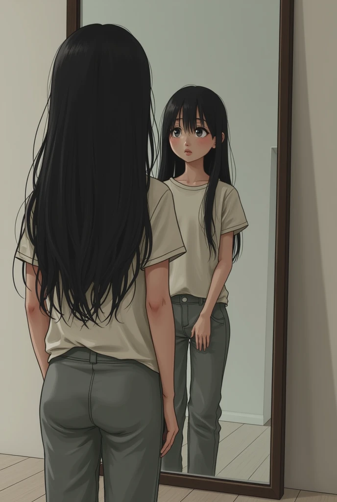 A short woman in pants and a short t-shirt with very long hair standing in front of a mirror