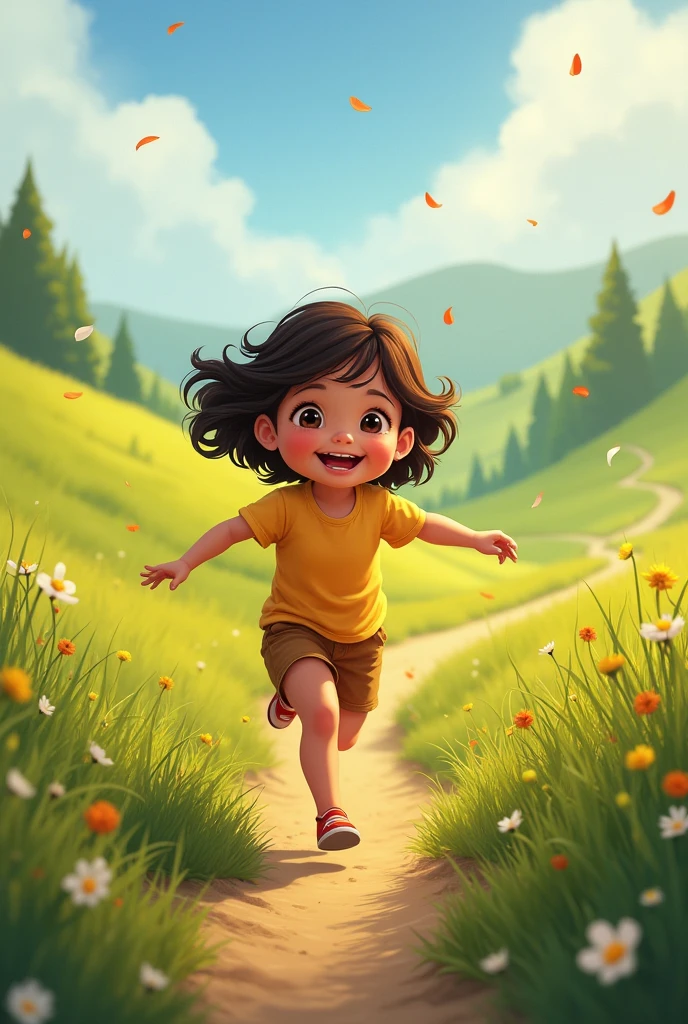 Beautiful child running on a path in the middle of beautiful fields