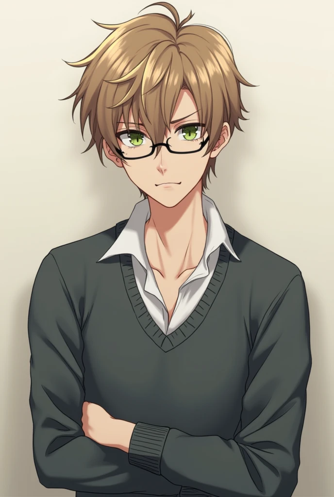 Kazuki has light brown hair, greeneyes, and usually wears glasses. He has a relaxed posture, but it gets serious when it's in action.