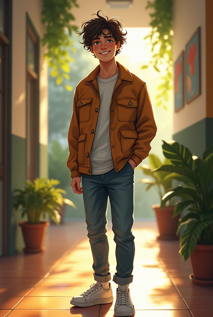A lively and sociable young man in his late s with dark brown curly hair, he wears trendy casual clothes and has a playful expression on his face as he stands in the hallway of a dormitory. The bright lights and greenery of the hallway contrast his usual cheerful demeanor