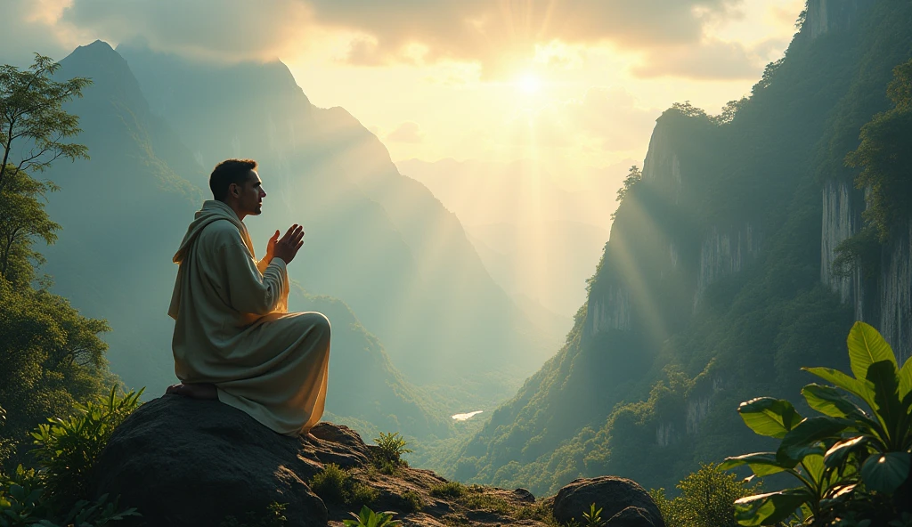 ultra realistic image of a person kneeling on a tropical mountain, with arms raised in prayer, surrounded by a soft light and divine dawn, convey depth