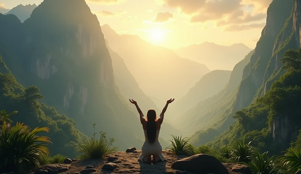 ultra realistic image of a person kneeling on a tropical mountain, with arms raised in prayer, surrounded by a soft light and divine dawn, convey depth