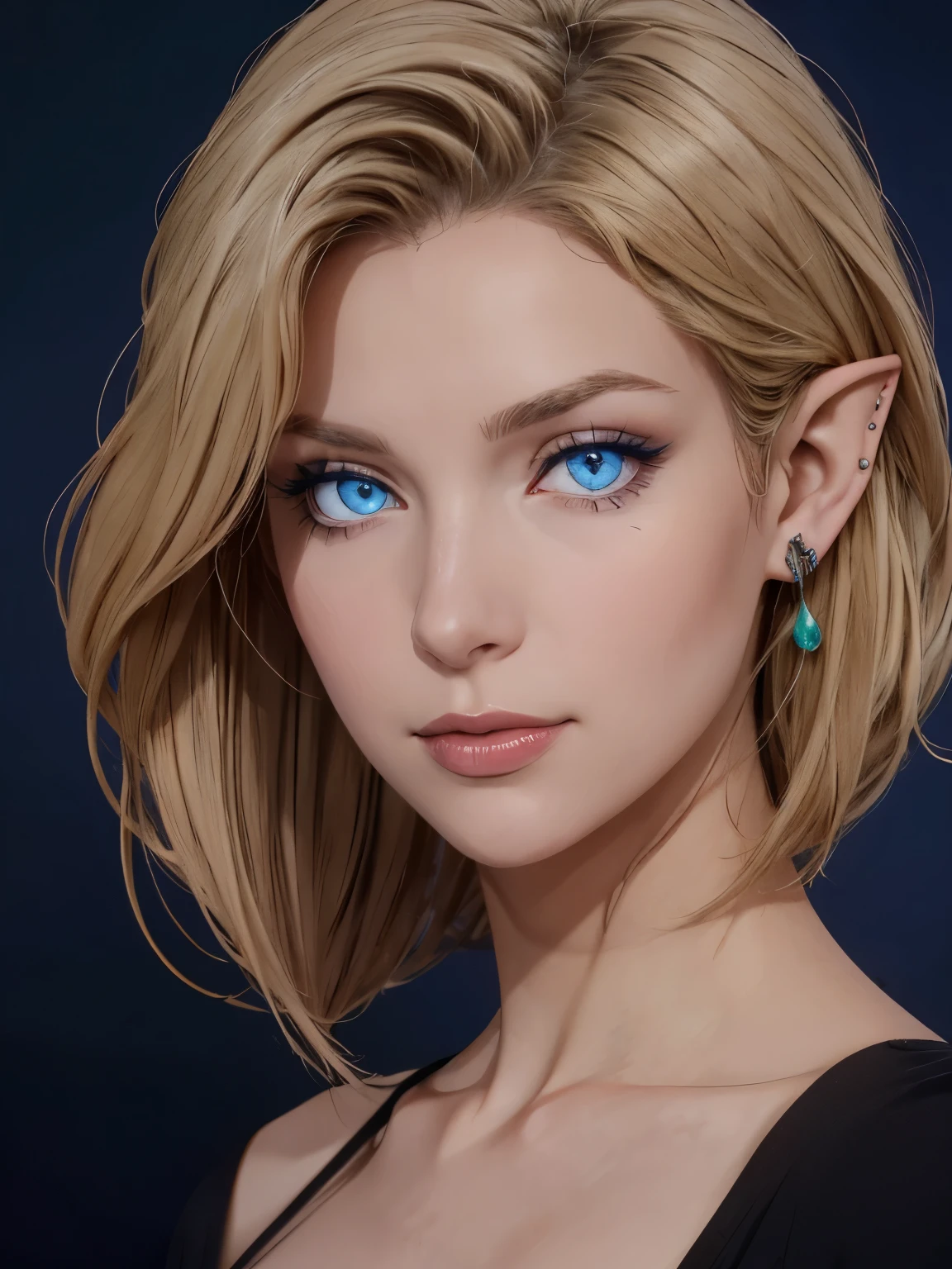 beautiful blond elven woman in her 30s, with blue eyes and striking features, exuding maturity and allure in a seductive pose.(dark-blue background), pointy ears, glowing eyes, beauty, blond medium hair, an14
