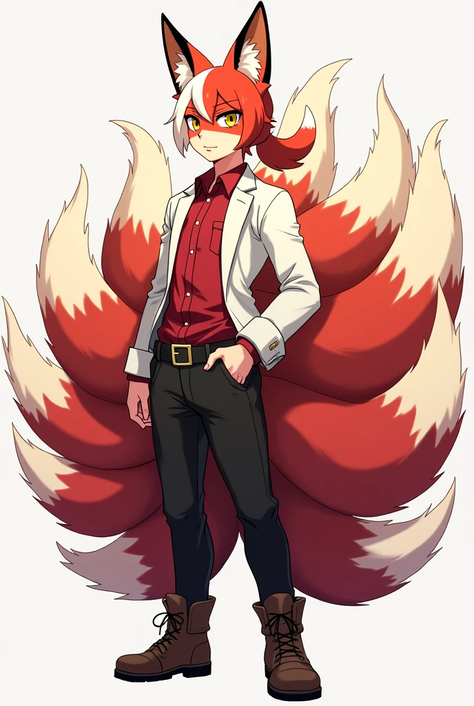 Create an anime-style Kitsune character with half-white, half-red hair, with a ponytail, com fraja, yellow eyes, eyes large, humanoid, with ears and nine tails, o nome dele é Kito Kaiiatsubaky, White blouse with red shirt, black pants and men's boots, Personalidade: always cheerful and lively and willing to protect his friends and companions.
