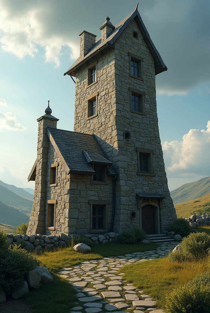 Stone house with a tall, crooked tower