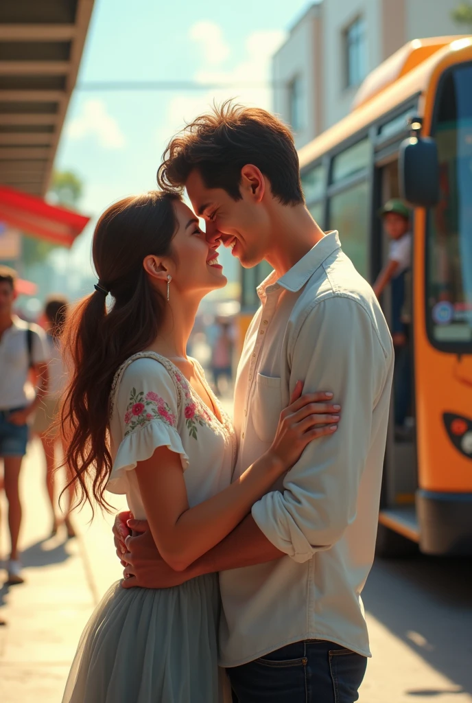 Generate an image of a woman who is not thin, in blouse and skirt, waiting for a tall, thin man, light outfits, get off the bus at the bus station. The man is at the bus door. They are happy to meet each other again. They hug each other.