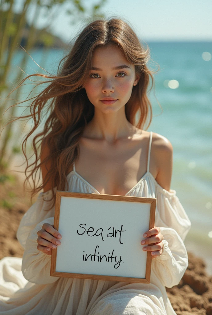 Beautiful girl with wavy long hair, bohemian dress, holding a white board with text "I Love Seaart Infinity" and showing it to the viewer