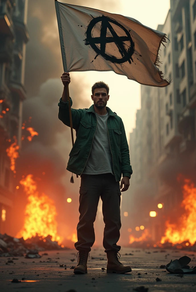 Image of a person, male, rebel, contestant, anarchist and anti-system with his shirt closed, long pants, green jacket . In the background a street on fire. Waving an anarchist flag in his right hand without weapons