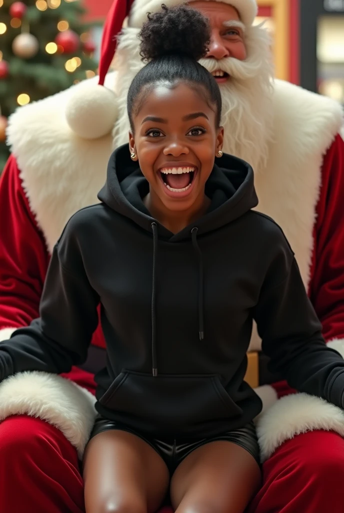 Black woman wearing leather short shorts and black hoodie hair in a bun setting on santas lap in the mall. The look on her face is eyes wide open and excited