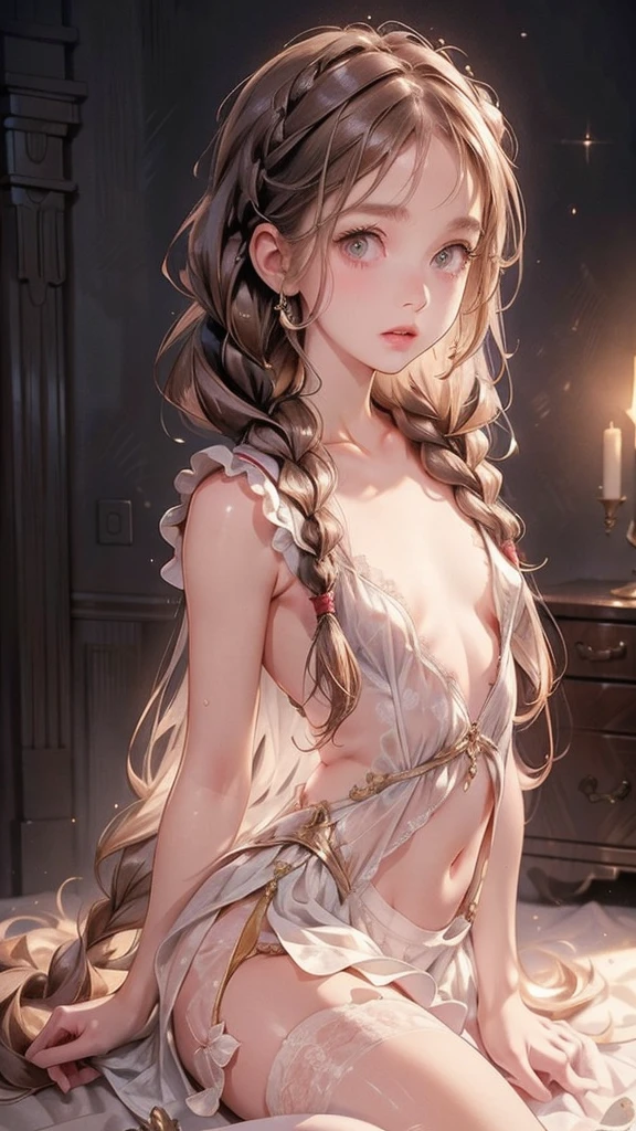 ((best quality)), ((masterpiece)), (detailed), 1girl, (big forhead:1.2),extremely detailed cute anime face, (((flat chest))), (flat chest:1.1),((((long twin braids,tight braids,long braid,braided hair,long hair)))),intricate eyes,beautiful detailed eyes,symmetrical eyes,(((detailed face))),beautiful detailed lips, dynamic pose, looking at this, resolved, resolute, highres,(best quality),(ultra detailed,extremely detailed),perfect face details, ((masterpiece:1.4, best quality))+, (ultra detailed)+, long twintails, cute girl, (flat chest:1.1), small breasts, slim body, skinny, prominent collarbones, skinny arms, flat stomach, visible hip bones, long hair, red hair, white hair, blonde hair, dark hair, ponytail, thick ponytail, heavy ponytail, small breasts, perfect face, small breasts (flat chest:1.1),  Detailed body，Full limbs, (flat chest:1.1), red and white clothing, Bloodborne inspired, occult aesthetic, occult, detailed and intricate steampunk and detailed gothic, NSFW, Very dramatic and cinematic lighting, cosmic horror, grim-dark, side-lighting, perfect face, NSFW, Fluttering lace flared long knee length dress with frilly petticoats, knee length dress, pleated petticoats, petticoats gothic, complex lace boots, side-lighting, gothic lolita aesthetic, wielding a mighty sword with mechanical components, various different types of insect wings, NSFW, full body, whole body, body, NSFW, chains, full body, whole body, head-to-toe NSFW