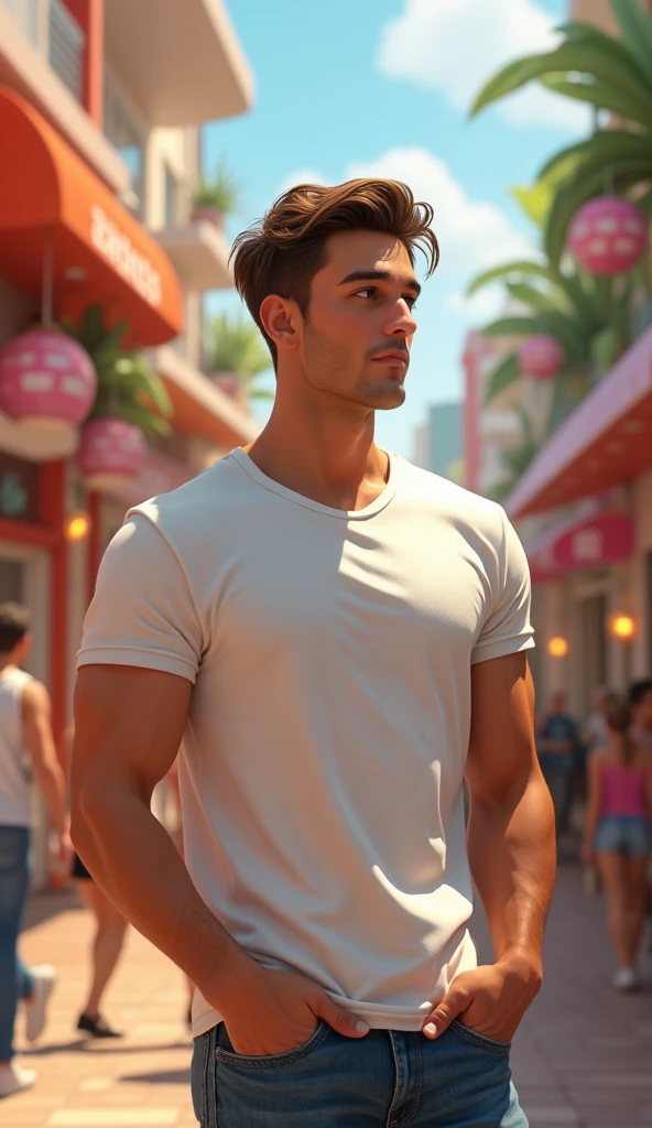A handsome guy with white t-shirt at a shopping mall, pixar disney style, cinematic, masterpiece, high-aesthetic , portrait