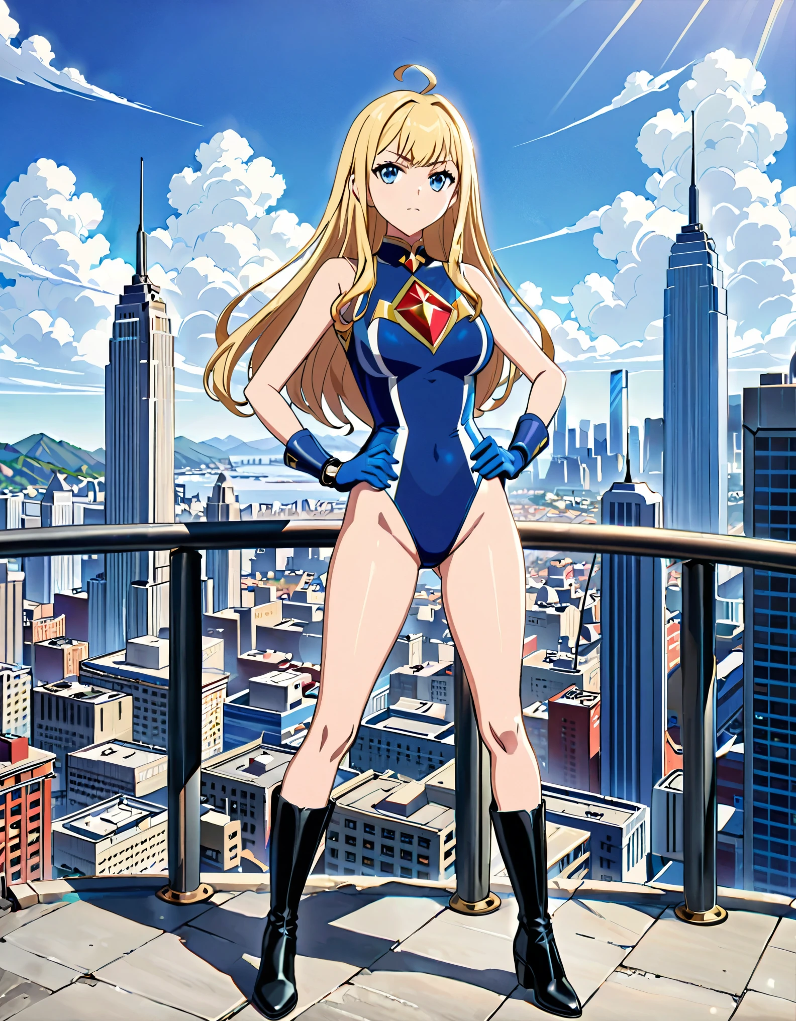 masterpiece, best quality, highres, 1girl, solo, superhero, leotard, bare legs, boots, ankle boots matching boots, sleeveless, gloves, blue gloves, bracelets, matching gloves, looking at viewer, city backdrop, perfect hands, perfect eyes, perfect leotard, perfect legs, perfect arms, perfect fingers, ((red diamond crest on chest)), (blue and white leotard), blonde hair, blue eyes, medium breasts, long hair, ahoge, standing straight, hands on hip, full body shot, heroic.