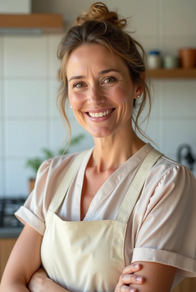 natural Caucasian little mature woman 3, dressed as a housewife, hair up Catalog photo, full body, happy